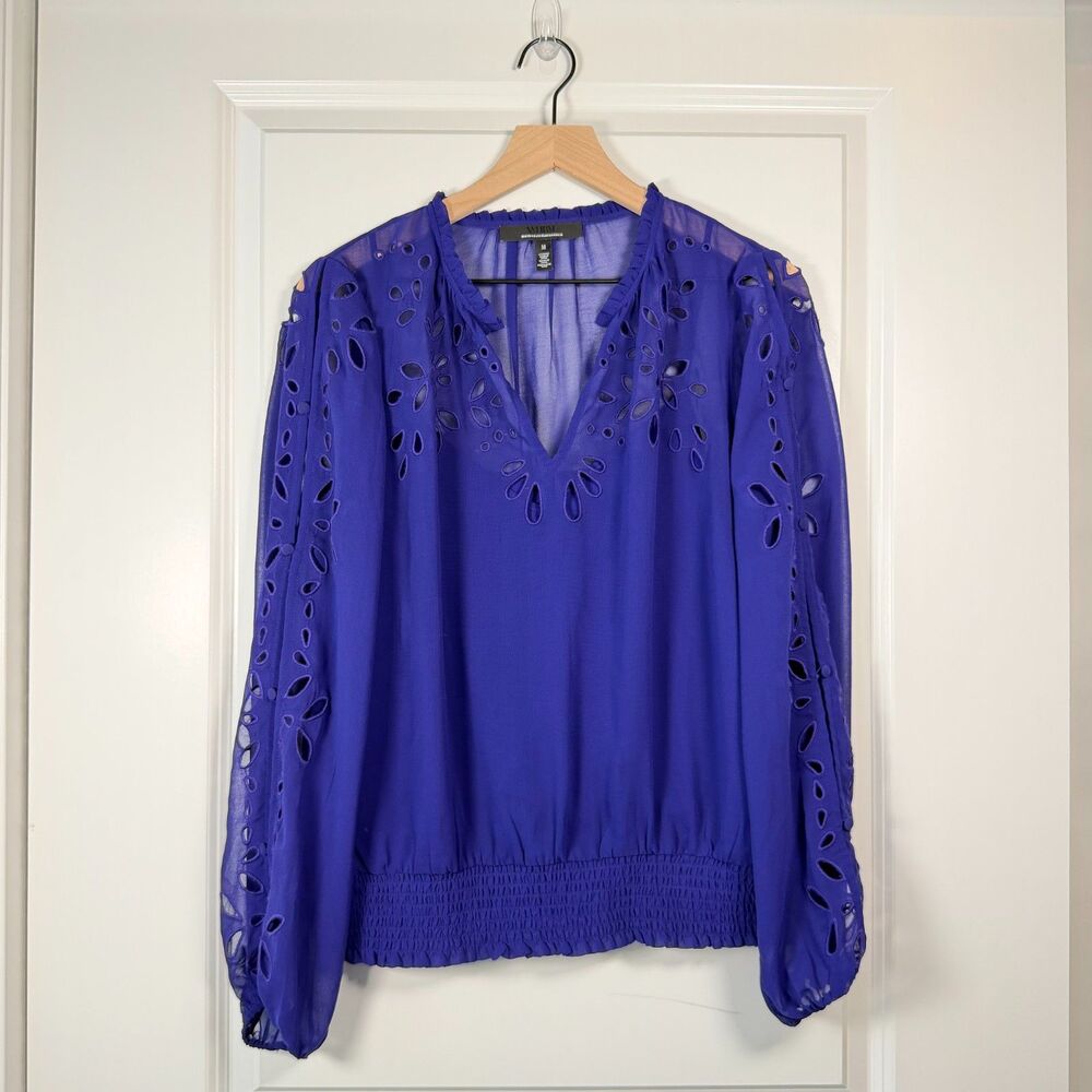 White House Black Market Women's M Purple Eyelet Cutout Sleeve Smocked Blouse